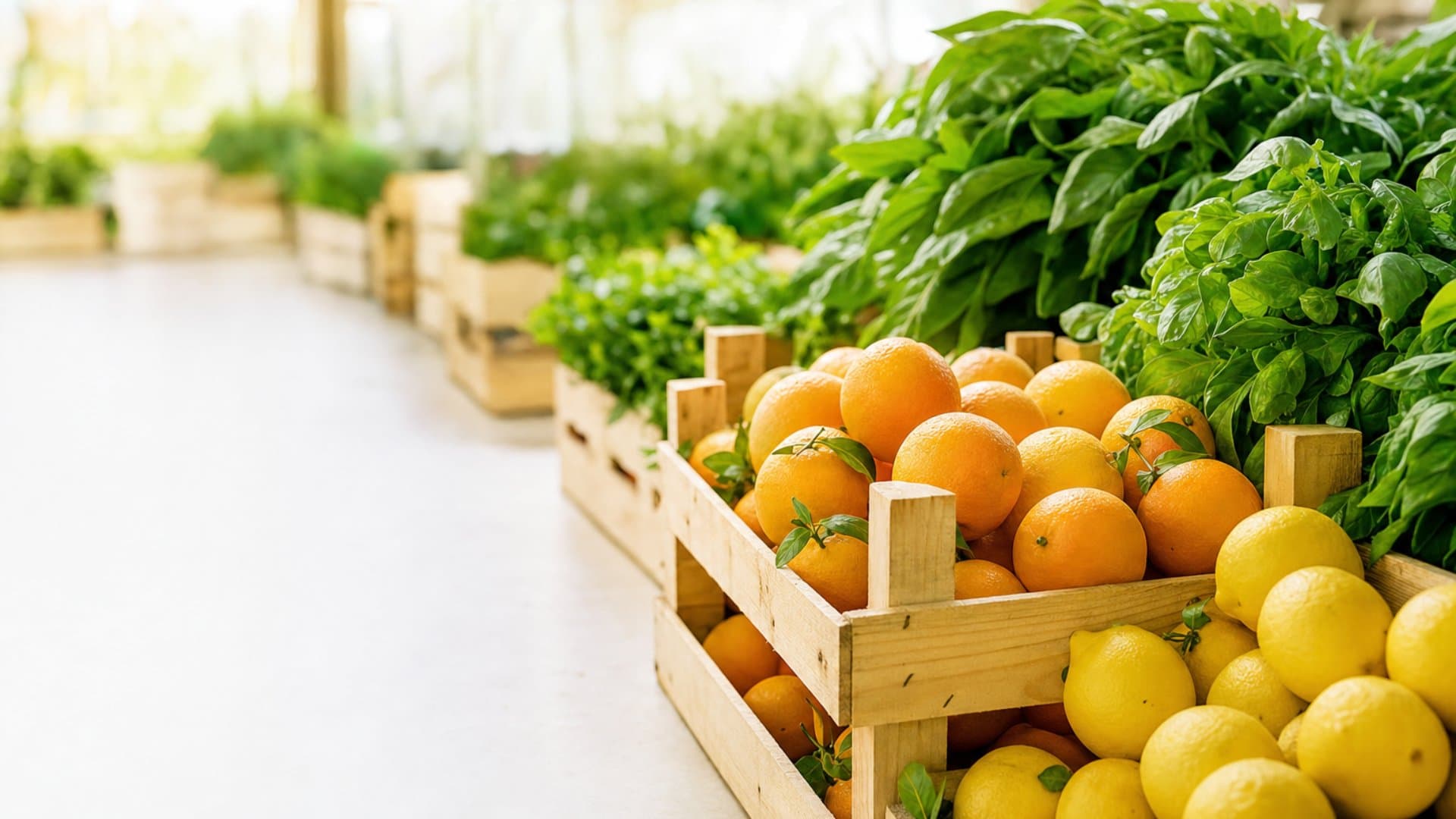 Fresh Egyptian produce crates and citrus on a packing-house table